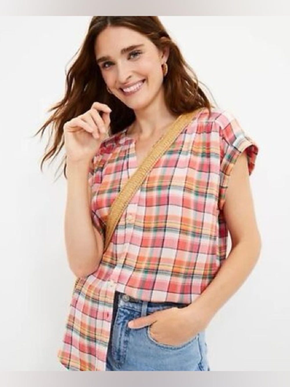 Loft Medium Petite Dolman Sleeve Plaid Top